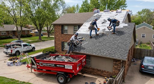 Licensed roofing contractor installing architectural shingles in Omaha NE with Equipter debris trailer